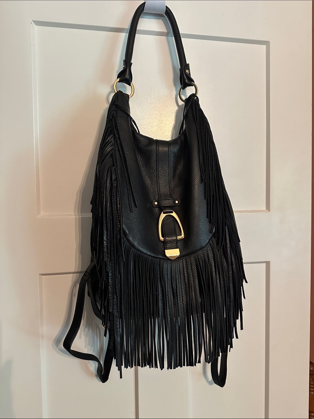 G.I.L.I pebbled black Fringe Leather Hobo backpack shoulder gold  cinch purse